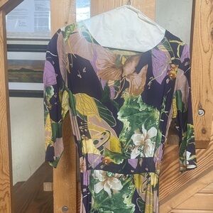 Elegant Floral Long Sleeve Dress in Purple and Green